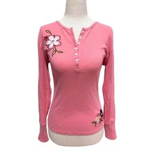 VTG Y2K Disney Mickey Mouse Pink Long Sleeve Henley Top with Embroidered Flowers